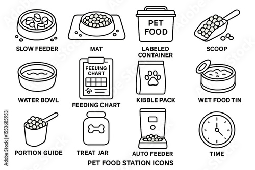 Pet food station icons: slow feeder, mat, labeled container, scoop, auto feeder