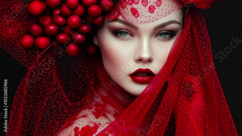 Striking red artistry featuring a model adorned in vivid red attire and vibrant accessories, The model uses red