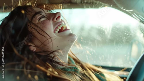 Laughing woman enjoys a joyful drive through clear weather and scenic views, woman in driver seat, laughing, clear windshield view, detailed closeup