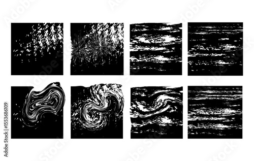 A Collection of 8 abstract grunge textures featuring swirled patterns, distressed scratches, rough paint splashes, and chaotic ink effects. Ideal for use in grunge themed posters, and modern design.