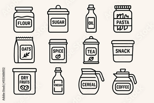 Minimalist line icons of kitchen pantry items including flour, sugar, and coffee containers