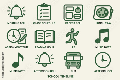 School daily routine icons: bells, schedule, lunch tray, bus, music notes