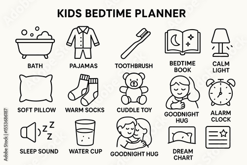 Children's bedtime planner icons for relaxing night routine