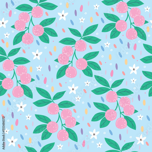 Seamless vector festive pattern with pink tangerines, citrus fruits, confetti, and flowers. Bright cute girly background.