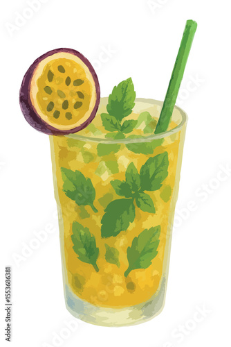  Watercolor vector illustration of Passion Fruit Mojito cocktail. Isolated on white background.