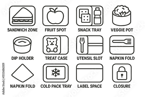 Icons for food storage and organization: sandwich, fruit, snack, veggie, napkin, utensil, lock