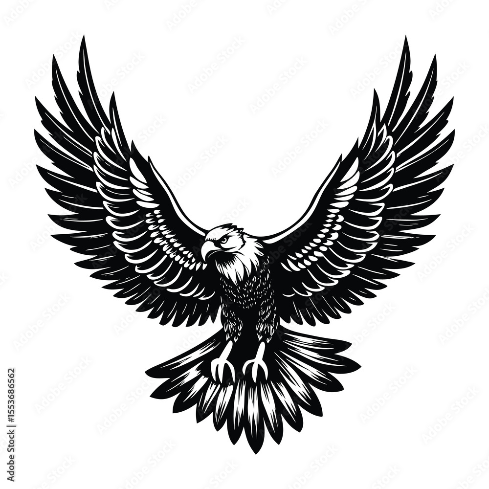 Black and white illustration of a majestic eagle with wings spread wide, detailed hand-drawn bird of prey in flight
Black and white illustration of a majestic eagle with wings spread wide, detailed hand-drawn bird of prey in flight