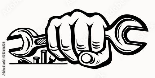 Strong Hand Holding Wrench, Repair Service Logo