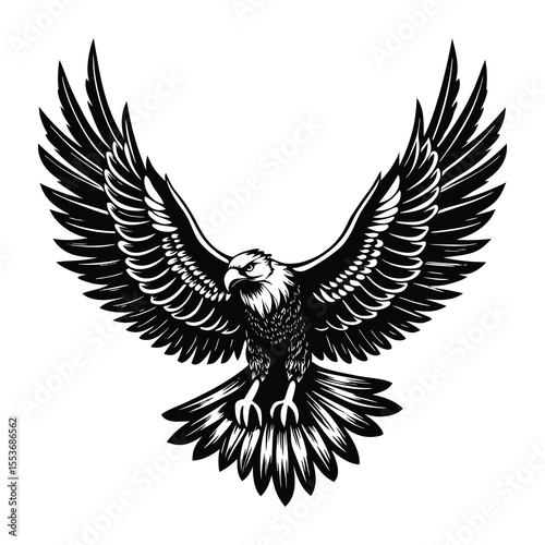 Black and white illustration of a majestic eagle with wings spread wide, detailed hand-drawn bird of prey in flight

