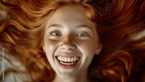 Young woman with wavy red hair smiles joyfully while lying down on a cozy surface, Young woman with wavy red hair smiling and giving a thumbs up with her hands Cinematic