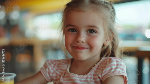 Little girl enjoying a refreshing juice on a sunny day at a cafe, Cute little kid girl face portrait drink a juice from a straw in fast food restaurant slow motion