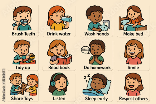 Children's daily routine activities illustrated for learning and fun