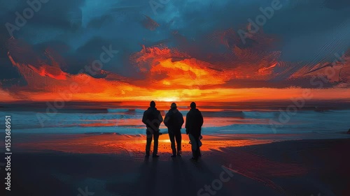 Three friends enjoying a stunning sunset at the beach with colorful skies and gentle waves, Three people admiring the sunset from a beach