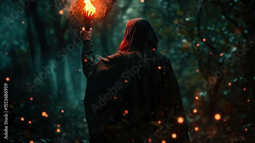 Witch in dark forest holding a flaming torch while casting a mystical spell at twilight, Witch with flaming torch in dark forest creating a mysterious and magical atmosphere Fantasy concept