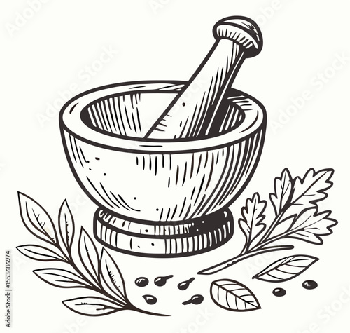 Hand-drawn illustration of mortar and pestle with herbs