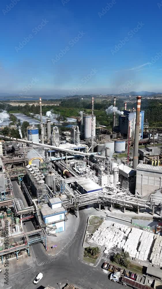 Visão aérea vertical de uma indústria de papel e celulose em alta produção