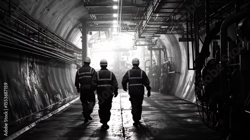 Workers exit the fuel plant into daylight after a long shift in the industrial corridor, Workers at a fuel plant walking out into daylight after being underground