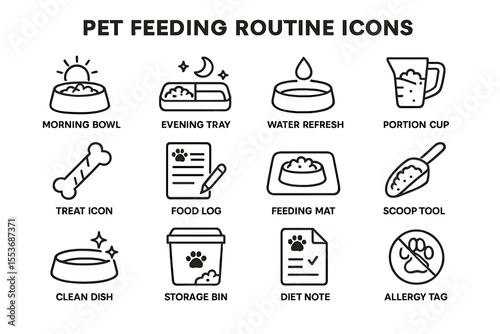 Pet feeding routine icons: morning bowl, water refresh, and diet note illustrations