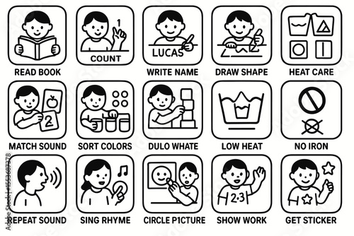 Educational activity symbols for children: reading, counting, drawing, caring, and sorting skills