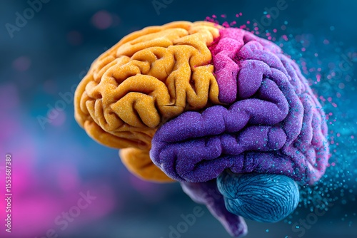 Human brain model displays yellow pink and purple sections with blue highlights against a blurred dark blue background