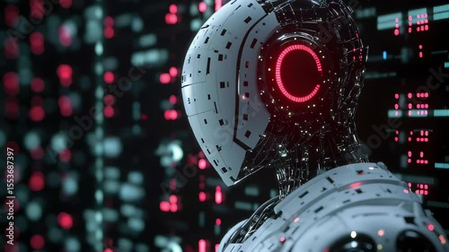 Innovative robot head illuminated with red lights in a digital environment filled with hexadecimal data, Computer hexadecimal digits Artificial intelligence and data transfer concept 3D render