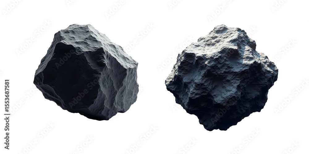 Two rough textured asteroids floating in space isolated on transparent background Two rough textured asteroids floating in space isolated on transparent background