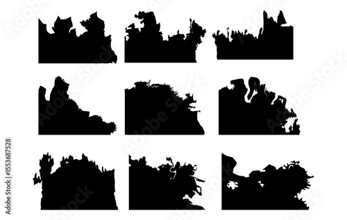 A set of 9 abstract black silhouette shapes featuring jagged cliffs, rocky terrain, melting edges, and fictional landforms. Perfect for maps, posters, digital art, and creative overlays