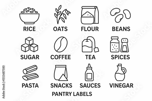 Pantry labels icons: rice, oats, flour, beans, sugar, coffee, tea, spices, pasta, snacks, sauces, vinegar