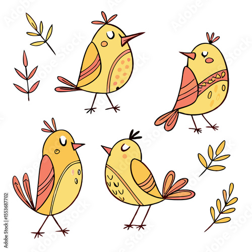Cute Yellow Birds Illustration: Cartoon Bird Clipart Set