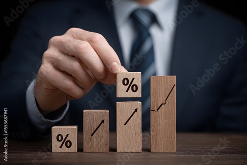 Wooden blocks with percentage symbols and arrows showing growth held by a person in a suit
