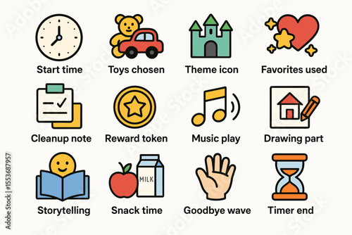 Colorful cartoon icons: clock, toys, castle, heart, music, and more