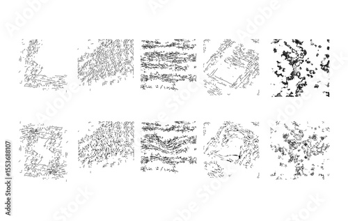 A modern collection of  abstract line patterns and textures featuring dynamic scatter plots, curved flows, for use in tech interfaces, data visualizations, backgrounds, and creative projects.