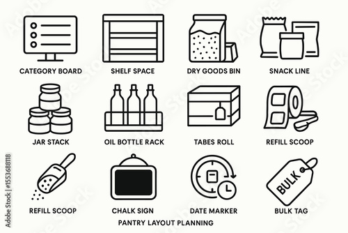Storage solutions icons for pantry organization and inventory management