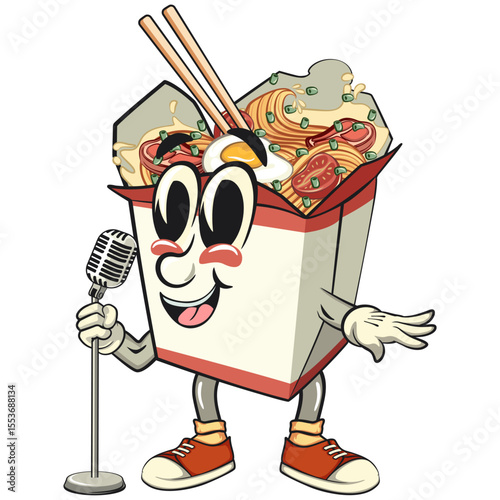 cute chinese noodles box mascot cartoon vector on front of the mic, kawaii ramen takeout character with chopsticks, isolated food illustration asian cuisine design, work of hand drawn