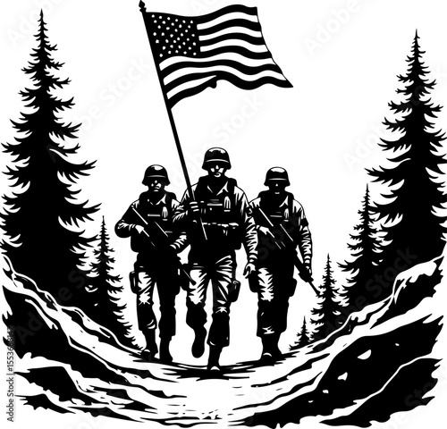 American Army Soldiers Advancing Up Hill Silhouette Vector Bundle