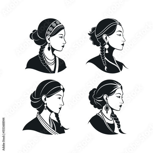 A silhouette vector set of Tibetan womans profile