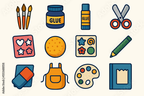 Art and craft supplies: brushes, glue, scissors, and more for creative projects