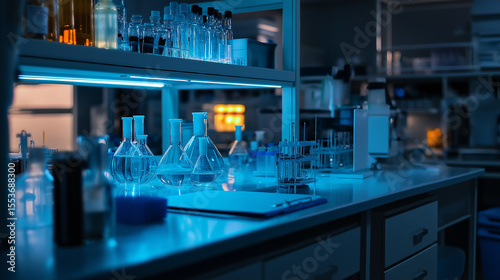 AI generator images of Scientists in laboratory ,Microscope background and group of flasks, other glassware of scientists in the workplace Background, Microscope, Glassware in the laboratory