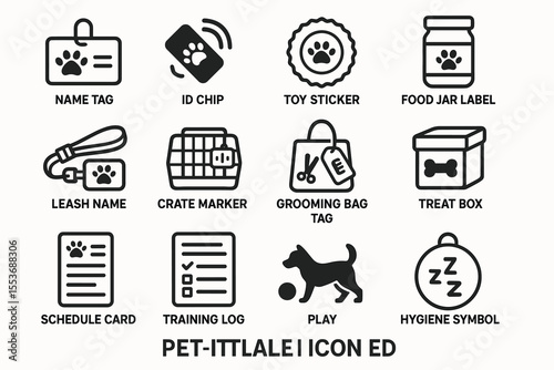 Pet care icons: name tag, id chip, toy sticker, food jar label, leash, crate marker, grooming, treat, schedule, training, play, hygiene