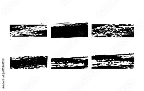 A versatile collection of six rectangular grunge brush strokes featuring distressed, rough, and dynamic textures. Perfect for creating edgy backgrounds, banners, poster.