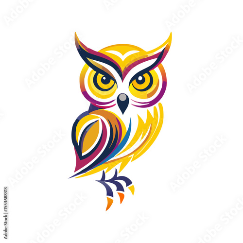 Stylized owl illustration in vibrant colors with decorative features  