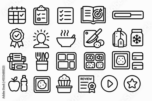Black and white icons of meal planning, recipes, and cooking essentials
