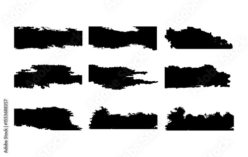 A versatile set of 9 high contrast grunge brush stroke banners designed for creative professionals. Each element features textures with rough, distressed rectangle brush shapes