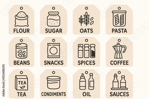 Kitchen pantry essentials: flour, sugar, oats, pasta, beans, snacks, spices, coffee, tea