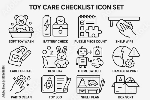 Toy care checklist icon set: maintenance and organization for playtime essentials