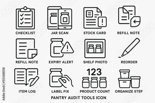 Pantry audit tools icon set with checklist, alerts, and organization features