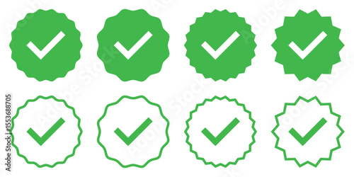 Set of green verified check badge icons in various flat and outline styles. Ideal for approvals, certifications, verified marks, or quality assurance concepts in digital and print design.