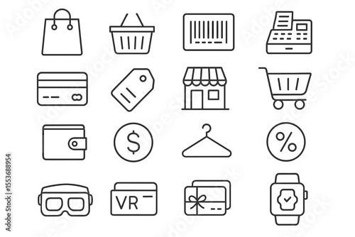 Shopping icons: bag, basket, barcode, register, card, tag, shop, cart, wallet, dollar, hanger, discount, vr, gift, watch