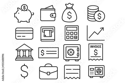 Financial icons set: piggy bank, wallet, money bag, coins, credit card, bank, invoice