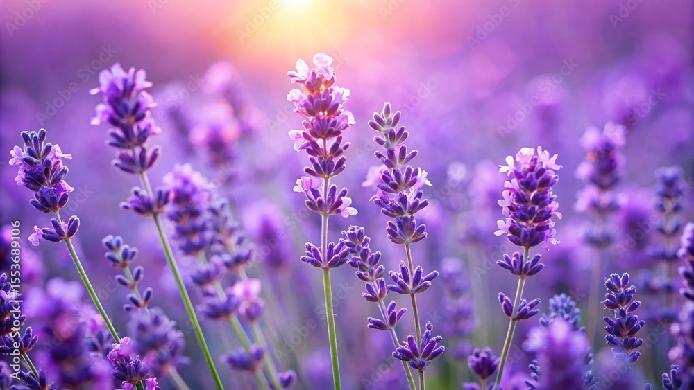 Fototapeta premium Purple lavender flowers blooming in a field with sun flare and soft focus background